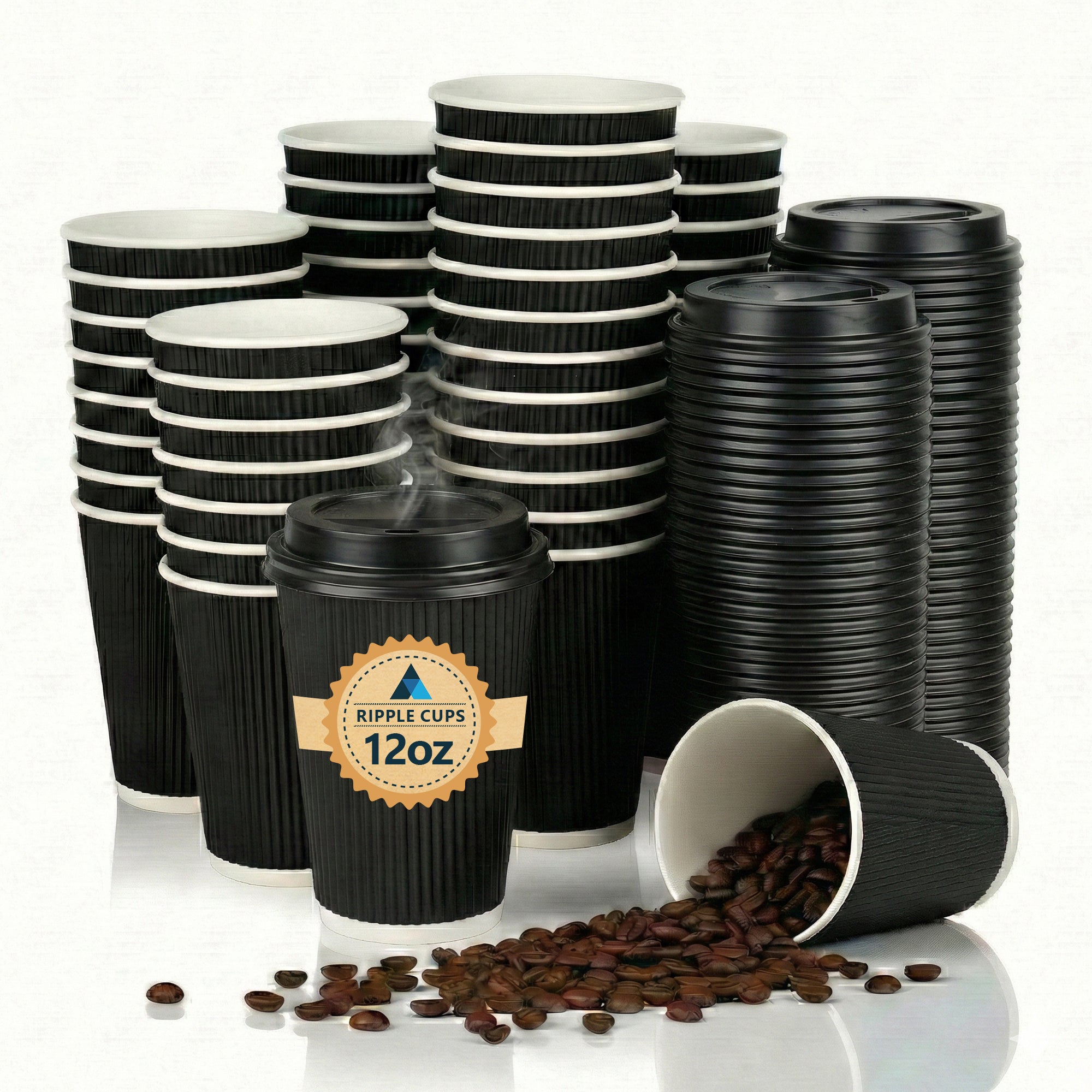 12oz/355ml Black Ripple Cups with Lids for Hot and Cold Coffee