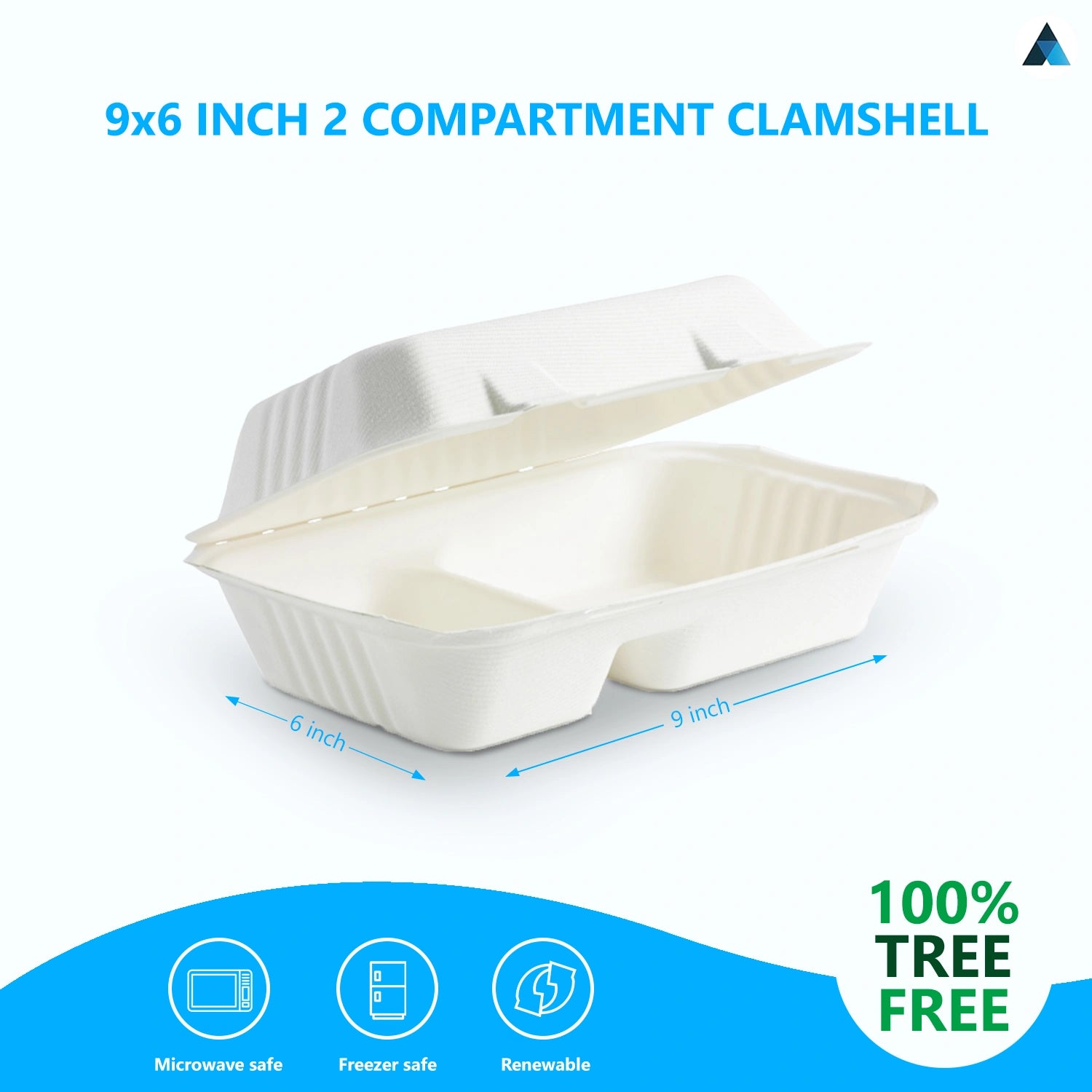 9x6 Inch Bagasse Clamshells Takeaway Box
