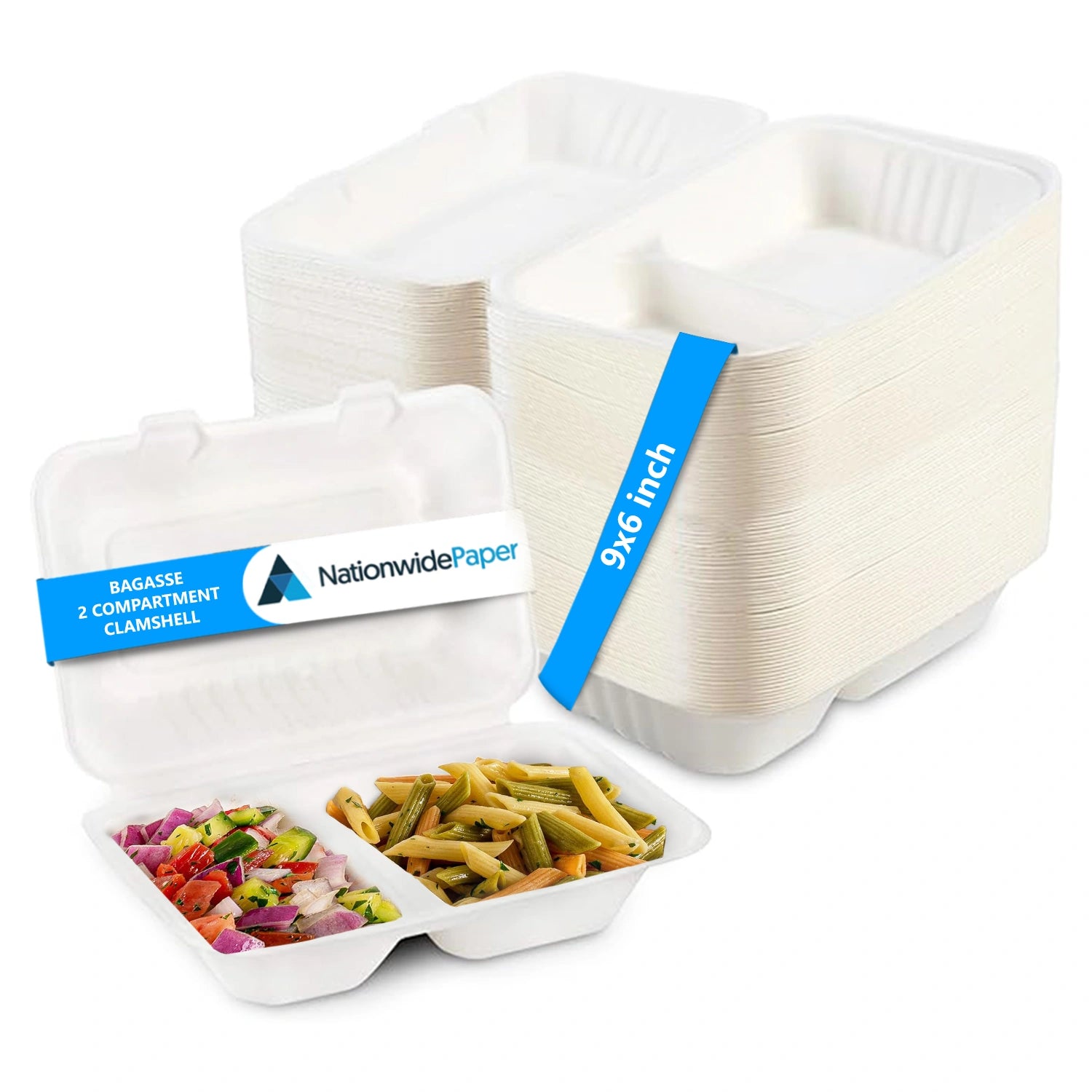 9x6 Inch Bagasse Clamshells 2 Compartment Takeaway Box