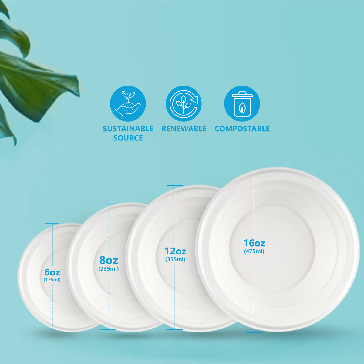 16oz White Bagasse Bowls Sugarcane Disposable