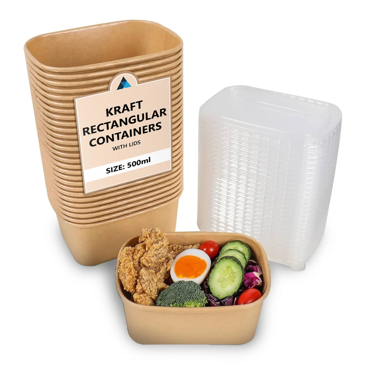 500ml Rectangular Kraft Disposable Food Containers with Lids
