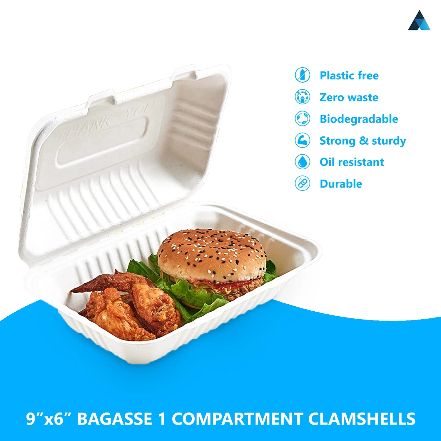 9x6 Inch Bagasse Clamshells Takeaway Box