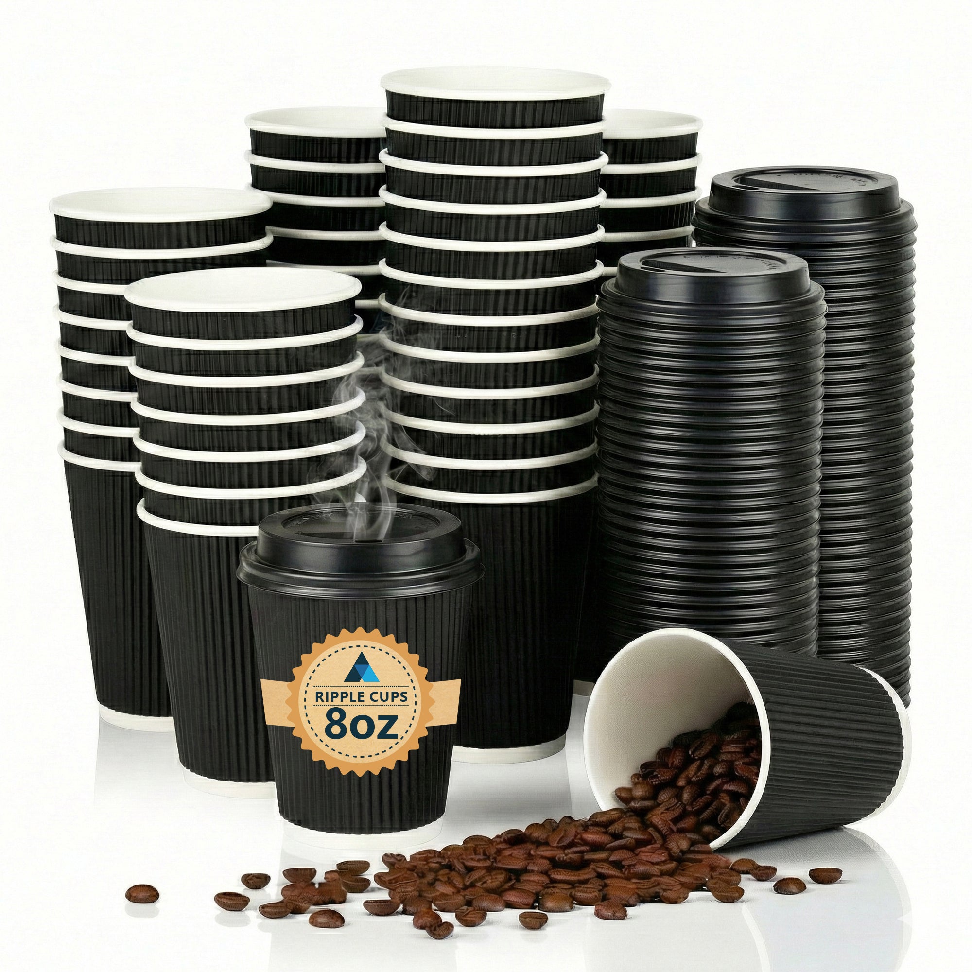 8oz/235ml Black Triple Wall Ripple Cups with Lids