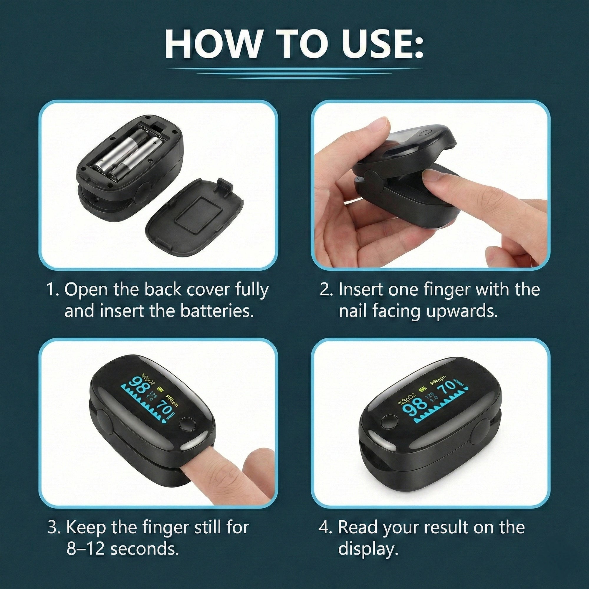 White & Black Fingertip Pulse Oximeter with OLED Display